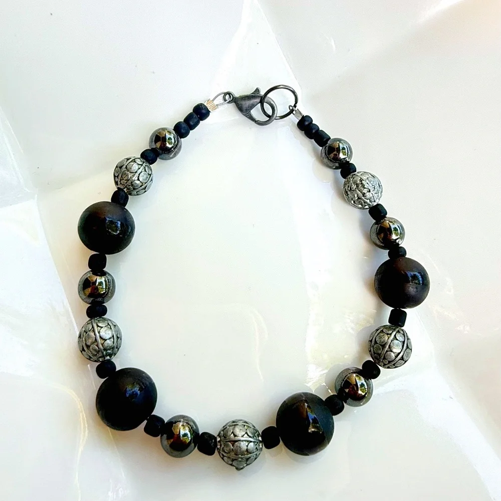Hand Crafted Antique Silver Gray, Hematite & Matte Black Beaded Men's Bracelet